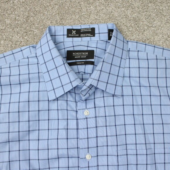 Nordstrom Shirt Mens 17, 34/35 Blue Smartcare Wrinkle-Free Cotton Trim Fit L/S - Picture 6 of 13